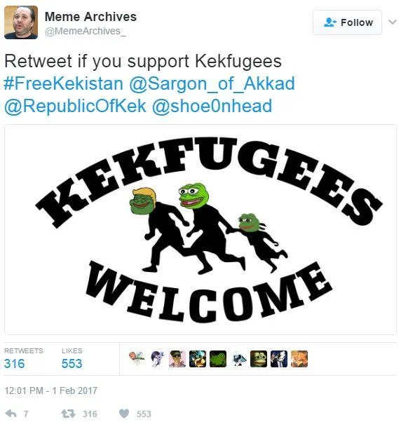 A viral 'Kekfugees Welcome' tweet parodies the Refugees Welcome logo with dancing Pepes, spreading the Kekistan meme across Twitter.
