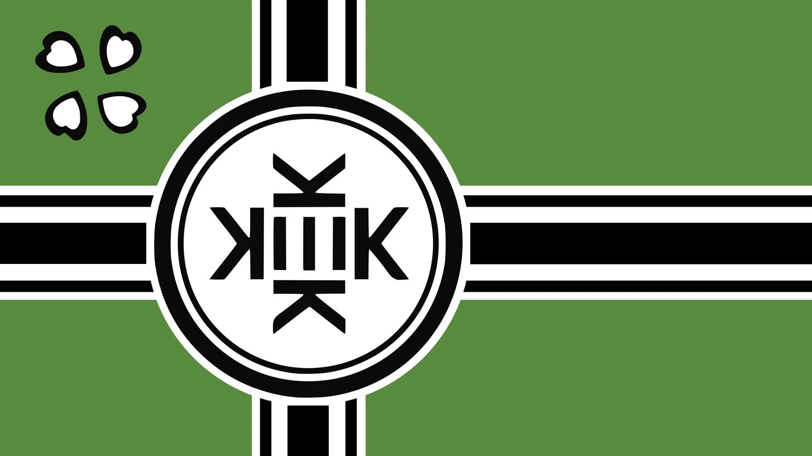 The official flag of Kekistan, a satirical nation invented on 4chan's /pol/ board, combining the KEK symbol with a 4chan clover on a green field.