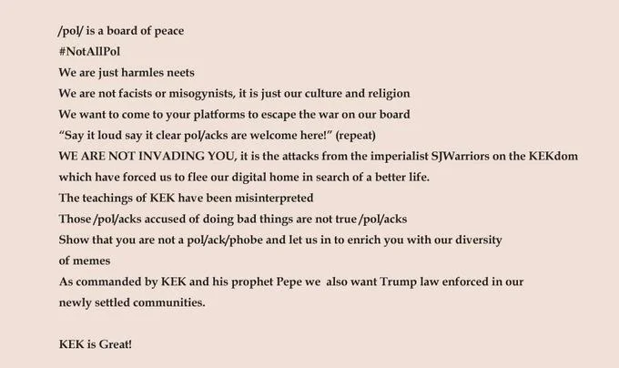 A satirical Kekistani manifesto parodying refugee and religious-persecution rhetoric to lampoon online political discourse.
