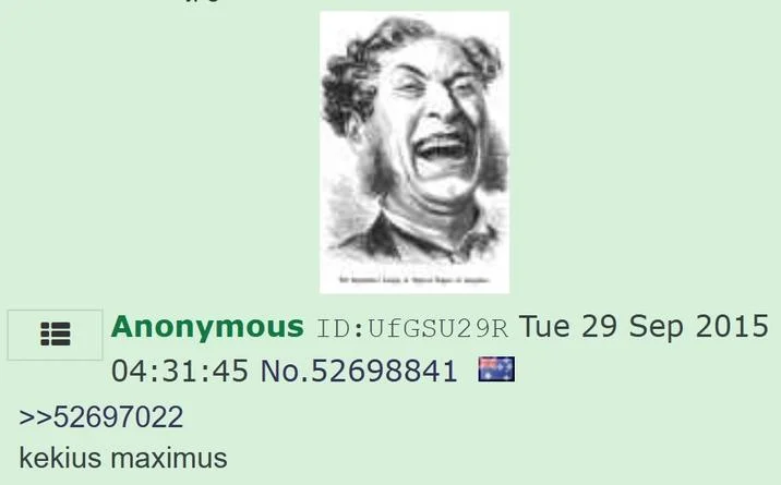 A 2015 4chan post pairing a vintage laughing-man illustration with the phrase 'kekius maximus', showing early meme usage.