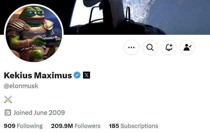 Elon Musk's X profile after adopting the 'Kekius Maximus' display name and Pepe warrior avatar in December 2024.