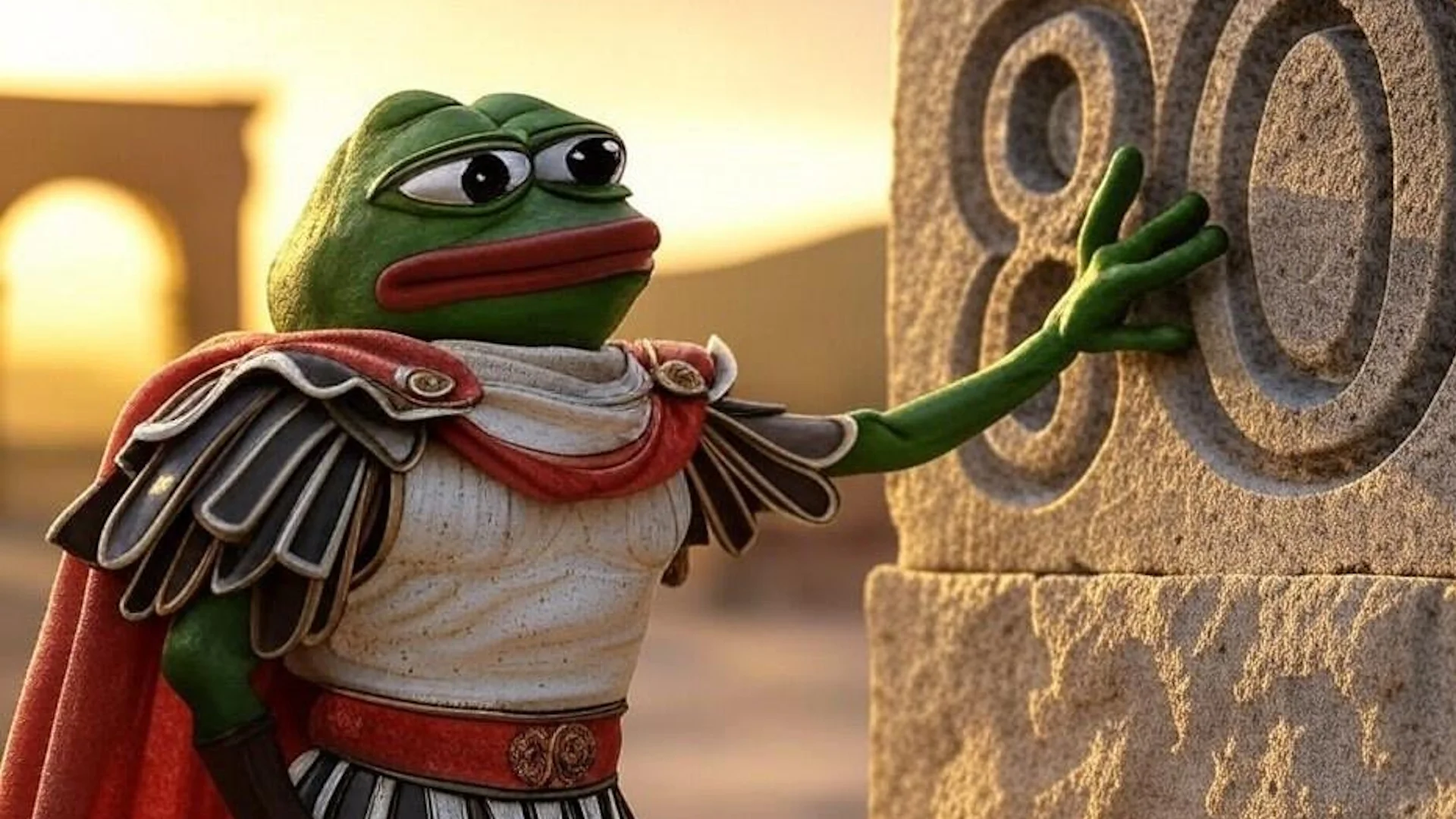 The iconic Kekius Maximus image depicting Pepe the Frog reimagined as a Roman general, the visual identity popularized by the meme and later cryptocurrency.
