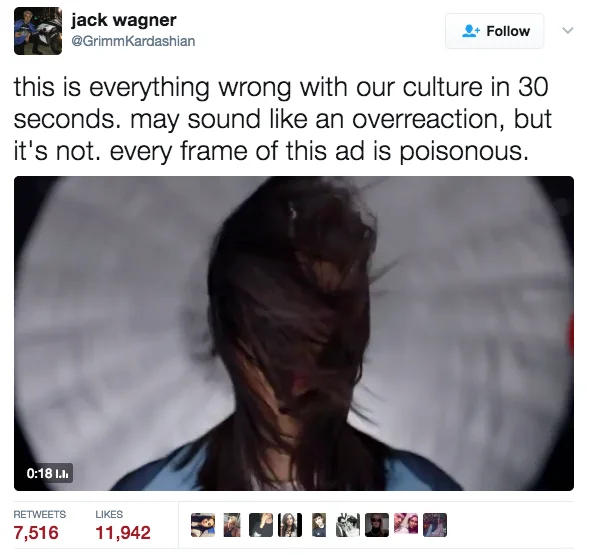 A viral tweet by @GrimmKardashian denouncing the Pepsi ad, gathering over 7,500 retweets and 11,000 likes.