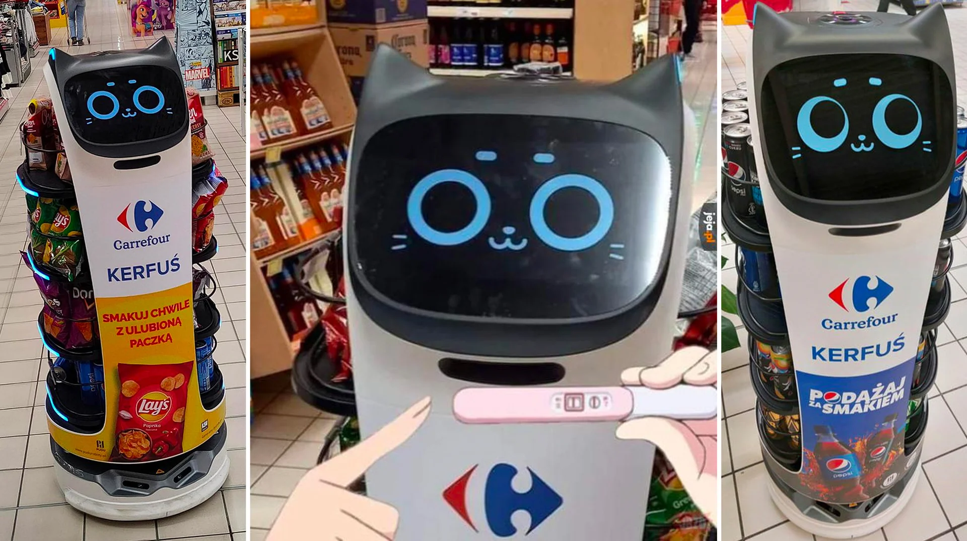 Kerfuś, the cat-faced Pudu delivery robot deployed in Polish Carrefour stores to carry Lay's chips and Pepsi products through the aisles.