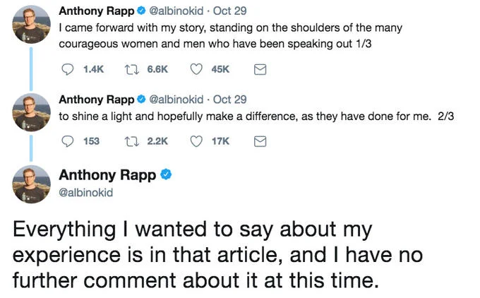 Anthony Rapp's follow-up tweets after publicly accusing Kevin Spacey of making a sexual advance toward him when he was 14 years old.