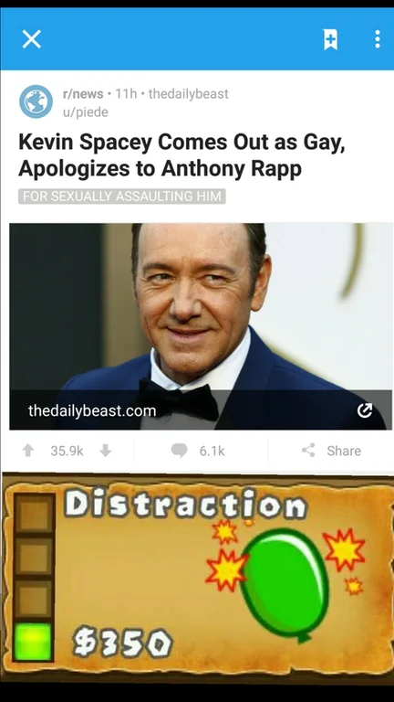 A viral meme juxtaposing a headline about Kevin Spacey coming out with a Bloons Tower Defense "Distraction" balloon to highlight the perceived deflection.