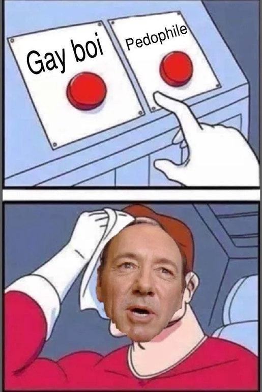 A popular "Two Buttons" meme edit lampooning Kevin Spacey's decision to come out as gay when responding to the sexual assault allegations.