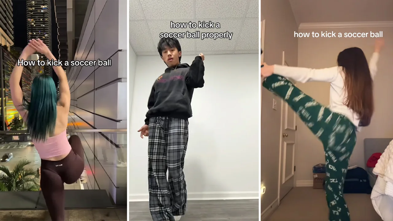 A collage of TikTok clips from the 'How to Kick a Soccer Ball' trend, in which creators mock proper kicking form with over-the-top, dance-like movements.
