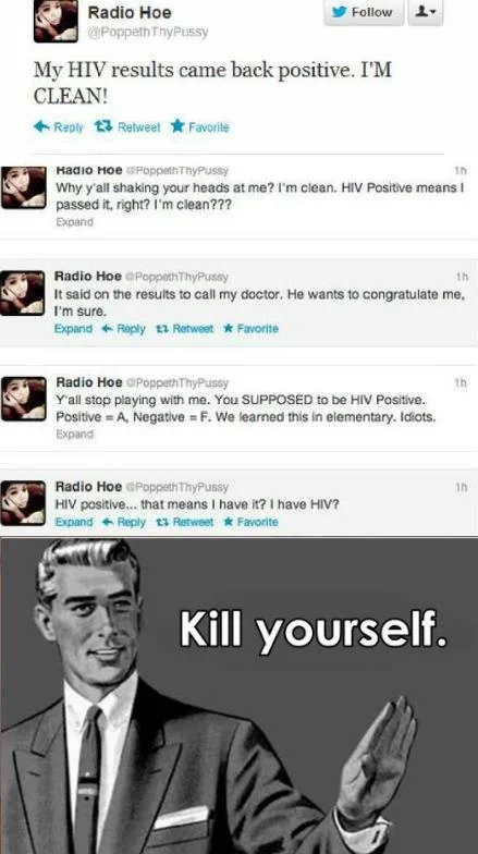 A reaction meme using the Kill Yourself macro to respond to a user misunderstanding an HIV positive result.