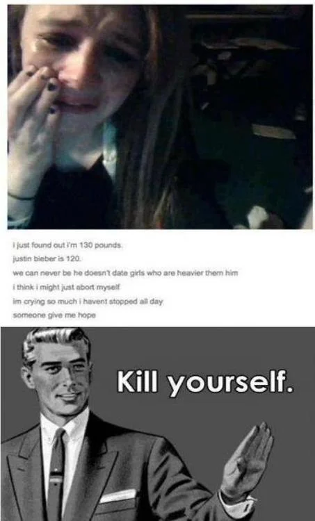 A reaction meme mocking an overwrought Tumblr post about weight and Justin Bieber.