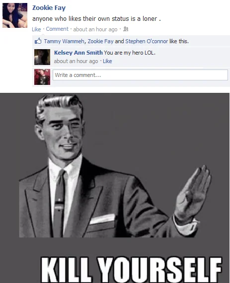 A reaction meme mocking a self-contradictory Facebook status about self-liking posts.