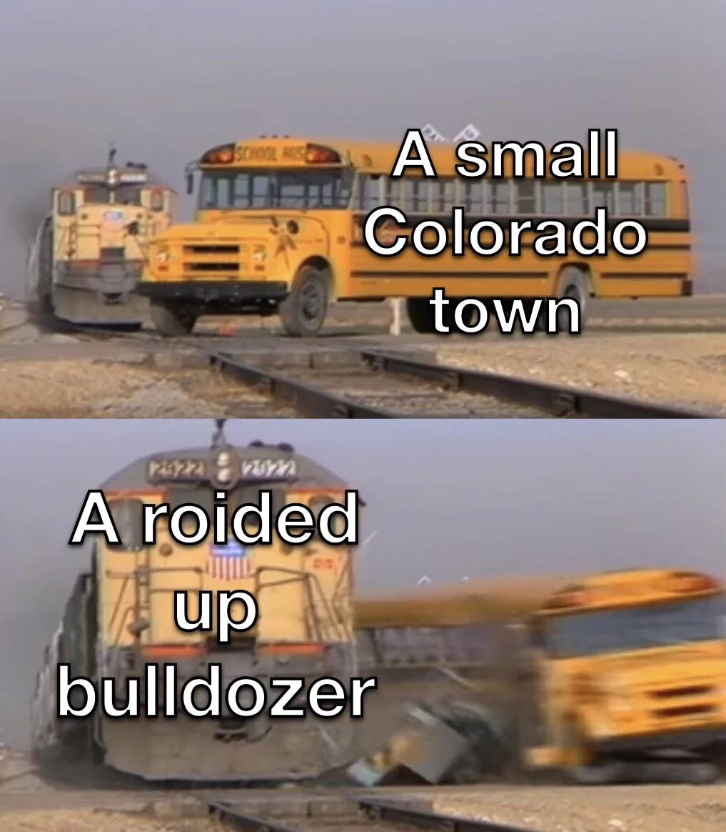 A stylized meme depicting the Killdozer descending on unwitting cartoon figures alongside Granby, Colorado's Google info card.