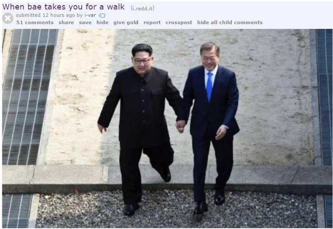 A Reddit post joking that the leaders' hand-holding crossing looks like a couple taking a walk.