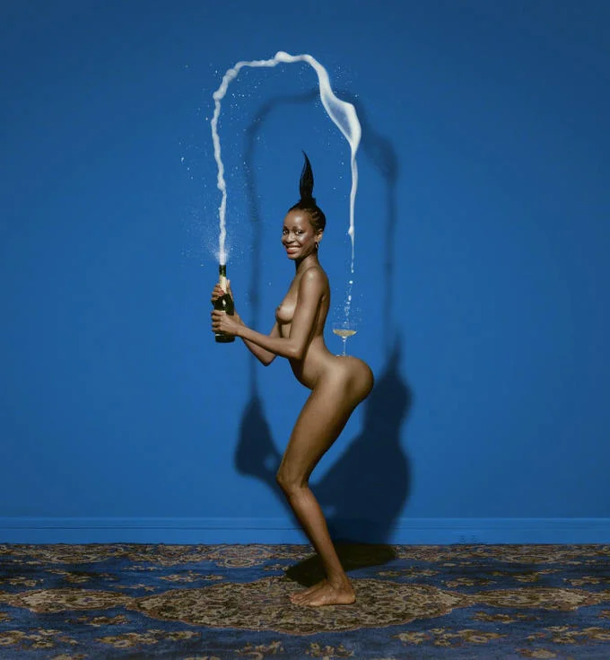The 1976 Jean-Paul Goude photograph 'Champagne Incident,' the inspiration and template for Kim Kardashian's 2014 PAPER cover.