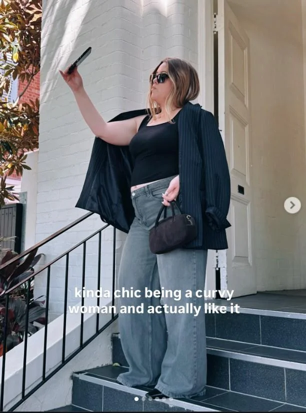 An Instagram post showcasing the 'Kinda Chic' trend applied to body positivity, with the caption 'kinda chic being a curvy woman and actually like it.'