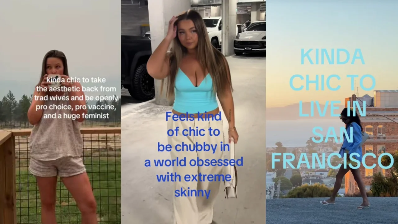 A triptych of representative TikTok posts illustrating the 'Kinda Chic' trend, in which users declare various lifestyle or identity statements as 'kinda chic.'