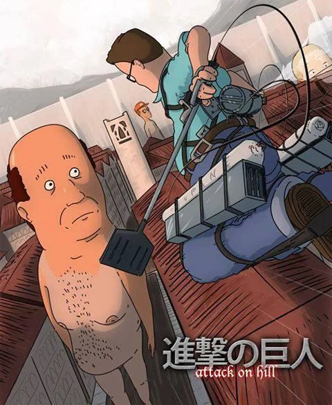 "Attack on Hill" — a popular crossover fan art depicting King of the Hill characters in the style of Attack on Titan.