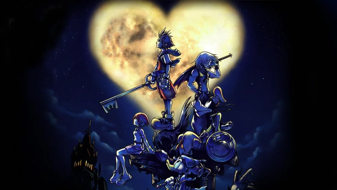 The iconic Kingdom Hearts cover art featuring Sora, Riku, Kairi, Donald and Goofy beneath a heart-shaped moon.