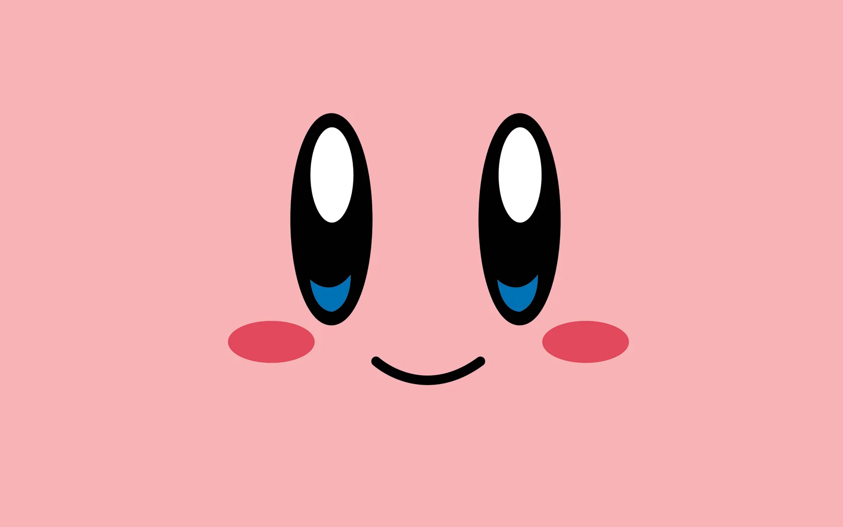 A minimalist wallpaper design featuring Kirby's signature cheerful face — big black eyes, rosy pink cheeks, and a small smile.