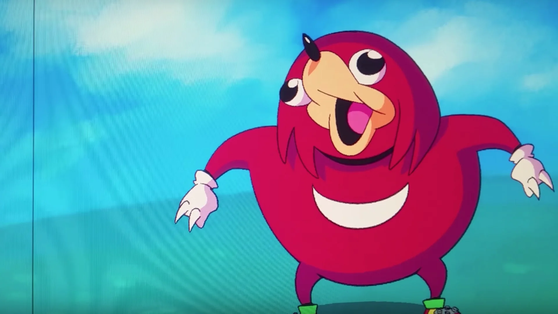 The Ugandan Knuckles character mid-song, the recognizable image associated with the "Knuckles Sings" meme.