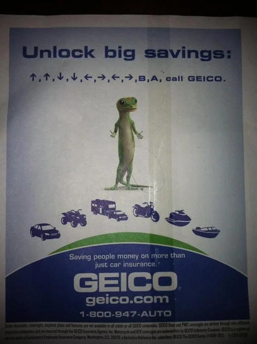 A GEICO print ad that riffs on the Konami Code as a call-to-action to 'Unlock big savings'.