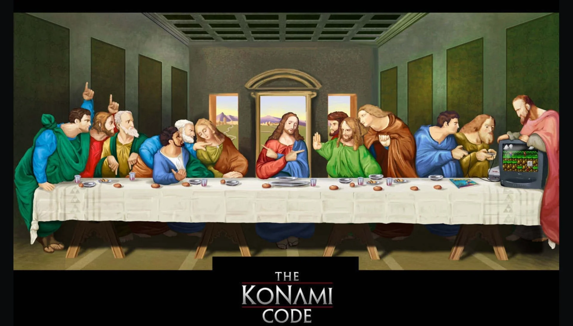 'The Konami Code' — a Last Supper parody depicting an apostle absorbed in an NES game while the others look on.