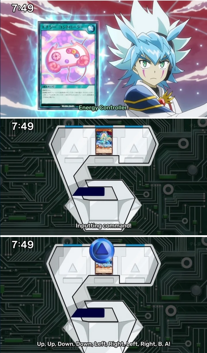 A Yu-Gi-Oh! anime scene where a duelist activates the 'Energy Controller' card and inputs the Konami Code on-screen.
