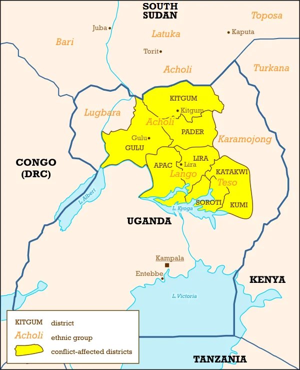 A map illustrating the northern Ugandan districts and ethnic groups impacted by Joseph Kony's Lord's Resistance Army (LRA).