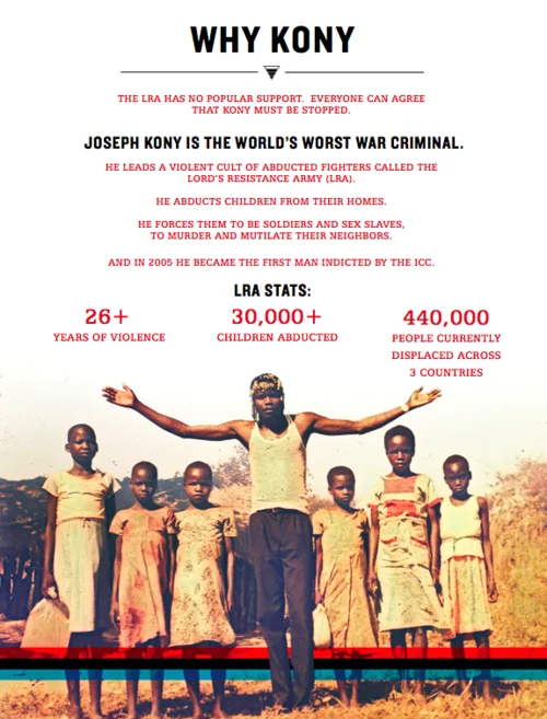 An infographic from the KONY 2012 campaign explaining Joseph Kony's alleged crimes and the human cost of the LRA insurgency.