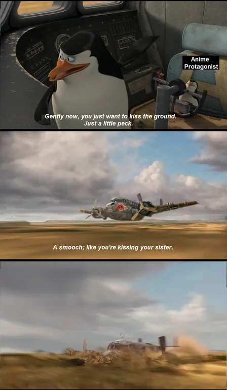 An exploitable variation of the Kowalski landing scene, labeling the copilot as an 'Anime Protagonist.'