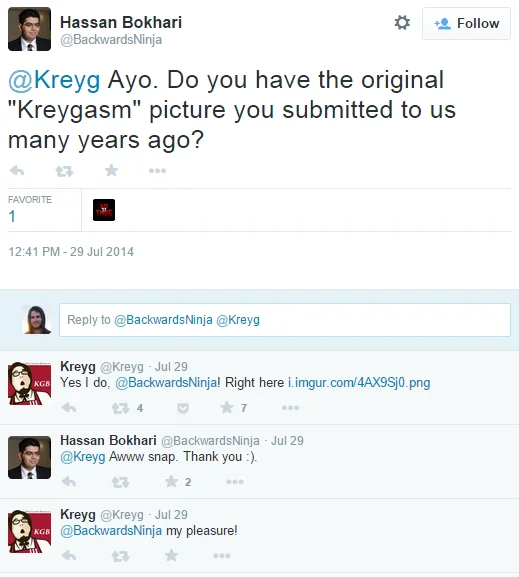 A 2014 Twitter exchange where streamer Kreyg confirms and links to the original Kreygasm photo he submitted to Twitch.