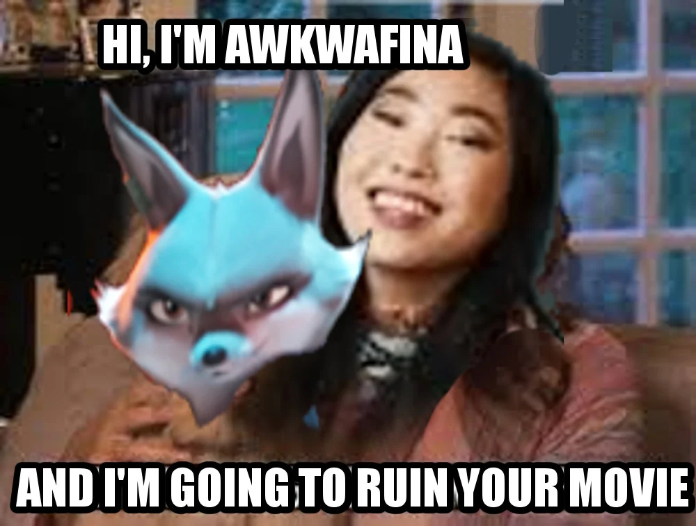A critical fan meme reacting to Awkwafina's casting as Zhen in Kung Fu Panda 4.