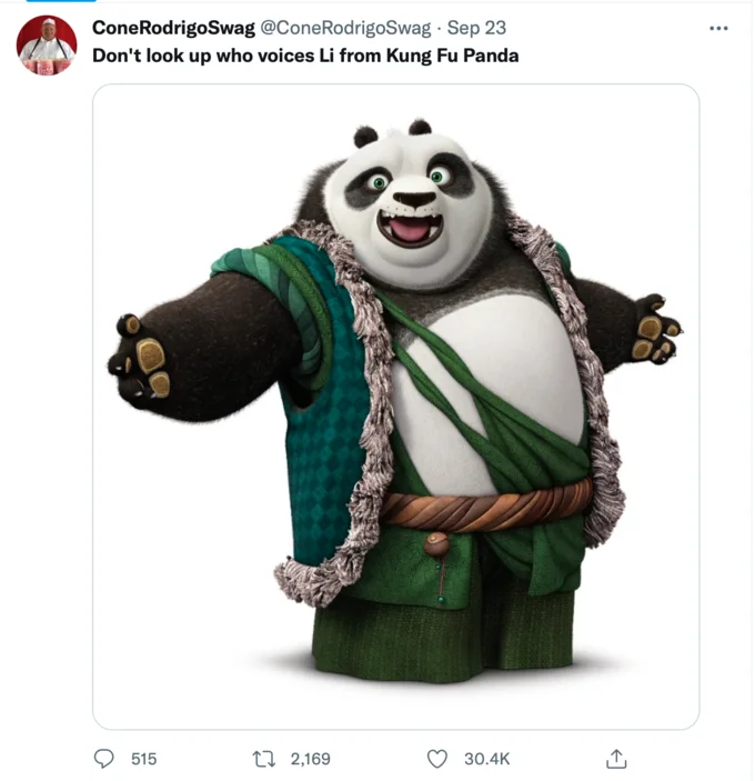 A viral tweet playfully warning viewers about the voice actor behind Li Shan, Po's father in Kung Fu Panda 3.