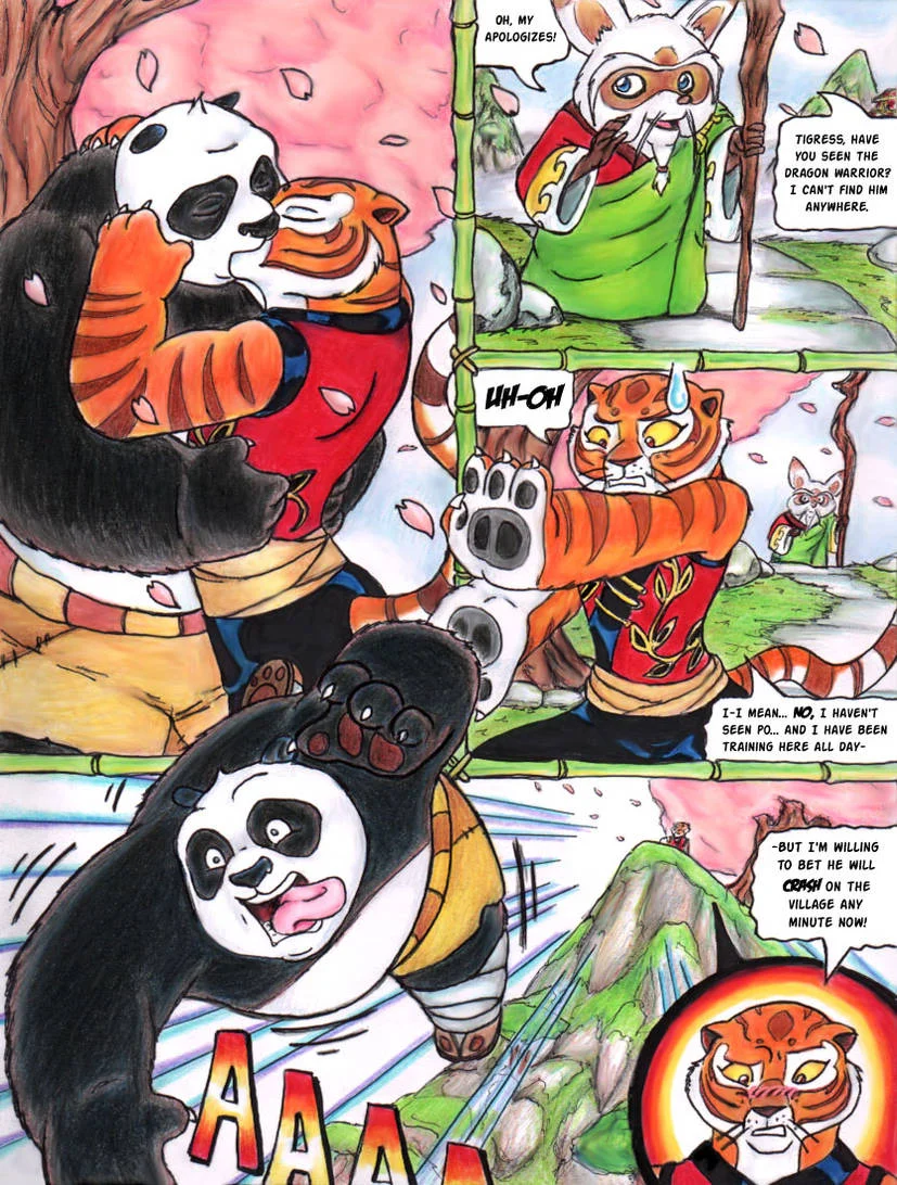 A fan-made comic panel featuring Po, Tigress, and Master Shifu in a humorous training-day scenario.