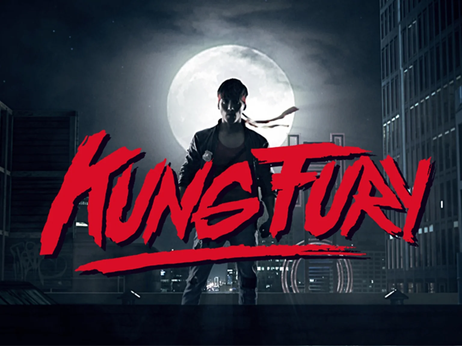 The iconic Kung Fury title card featuring the film's signature red logo over a moonlit rooftop scene.