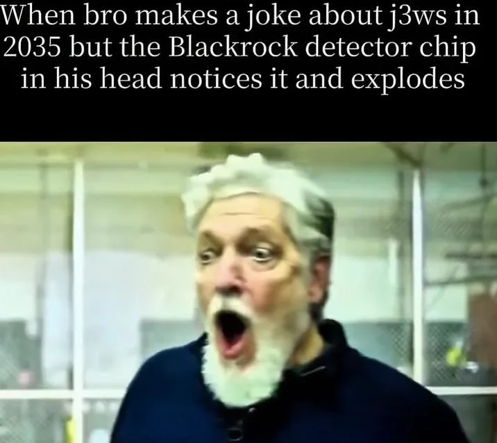 An edgy dystopian-humor meme applying the shocked Kurt Caldwell reaction to a satirical near-future scenario about corporate speech monitoring.