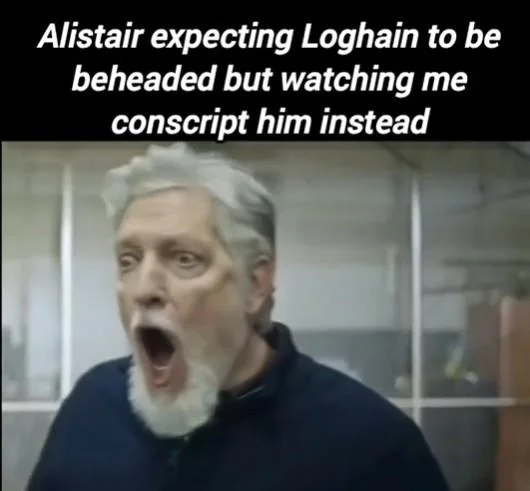 A Dragon Age fandom meme using the shocked Kurt Caldwell reaction to depict Alistair's disbelief at Loghain being conscripted instead of executed.