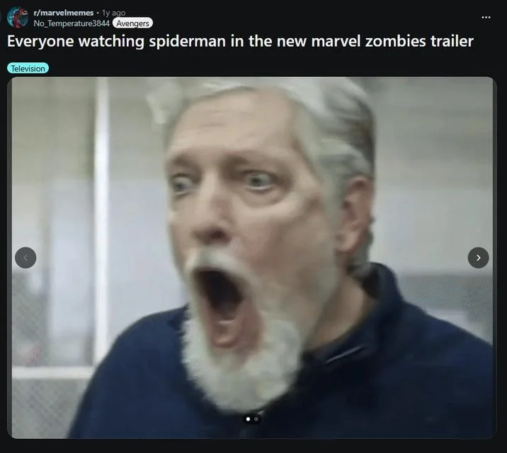 A Reddit meme from r/marvelmemes applying the shocked Kurt Caldwell reaction to viewers of the Marvel Zombies Spider-Man trailer.