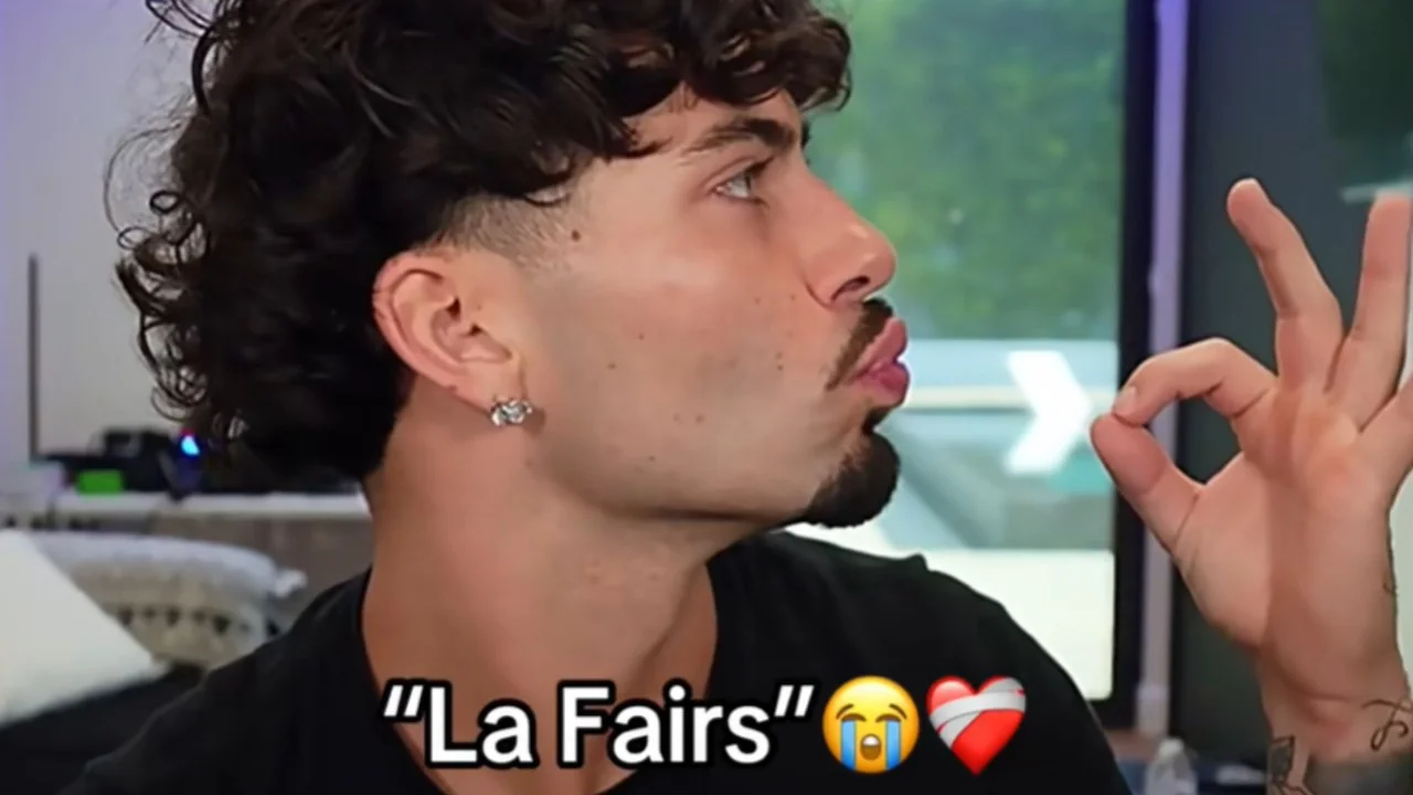 A screenshot from the viral TikTok video that popularized the 'La Fairs' phrase, showing the creator's exaggerated expression and hand gesture.