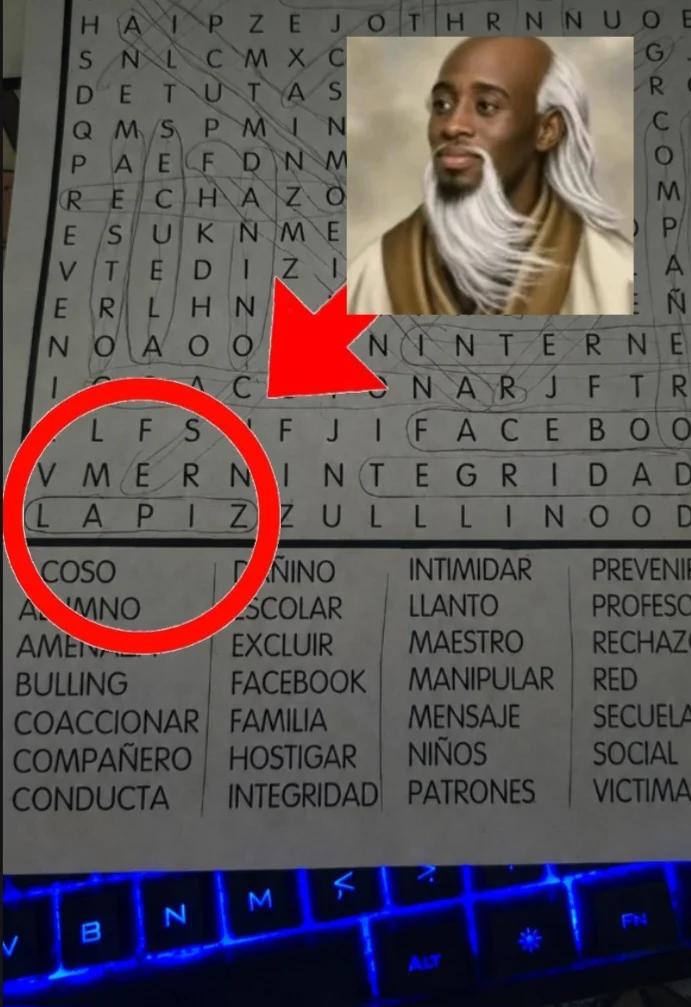 A meme variation using the 'la peace' sage to humorously point out the word 'LAPIZ' in a Spanish word search puzzle.