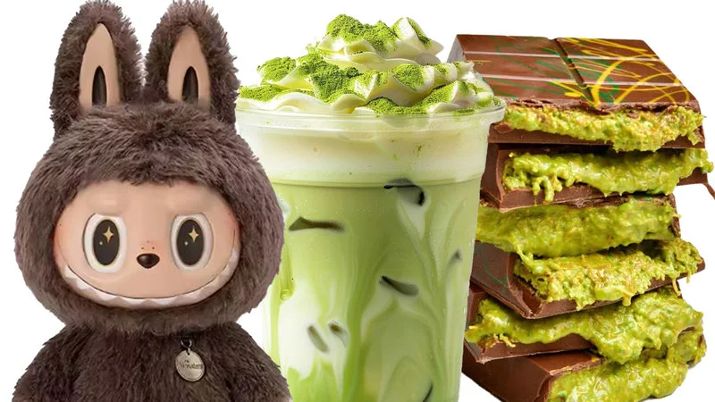 Three trending items: Labubu, matcha, Dubai chocolate.