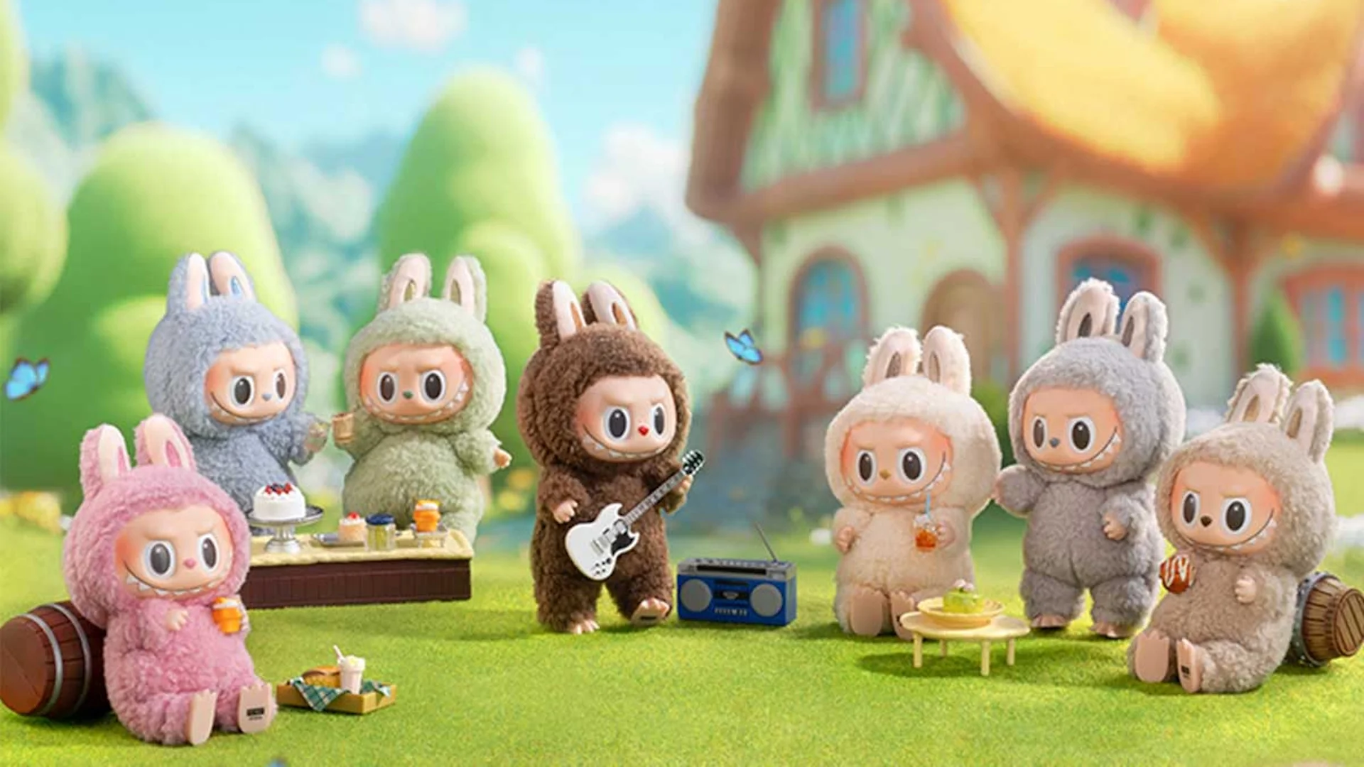 Official promotional image featuring the Labubu Zimomo's Fuzzy Friend series by Pop Mart, showcasing the toy line's distinctive character design.