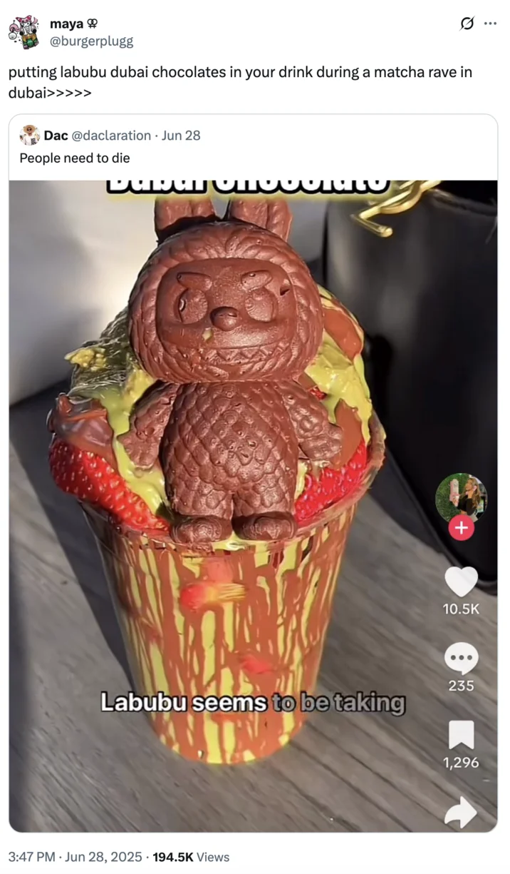 Collision of Labubu and Dubai chocolate viral trends.