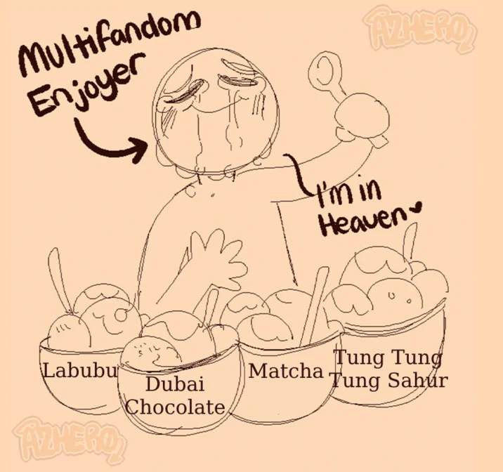 Satirizes exhausting joy of multiple simultaneous viral obsessions.