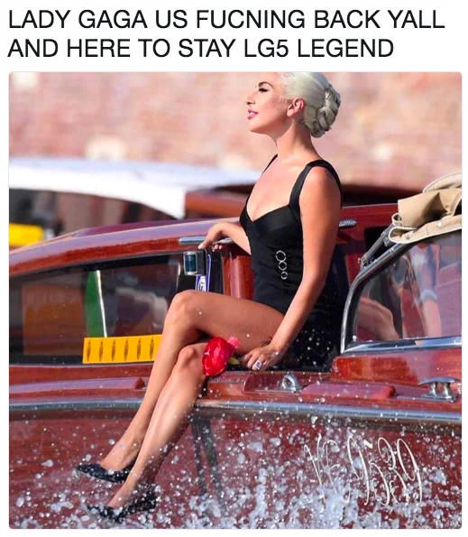 Fan-made meme celebrating Lady Gaga's return with her LG5 era, featuring her iconic Venice arrival photo.
