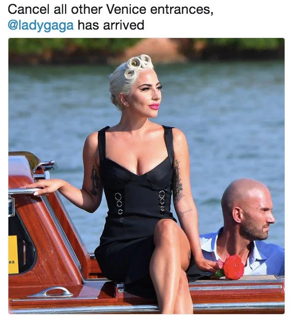 Viral tweet celebrating Lady Gaga's iconic Venice Film Festival arrival by boat in 2018.