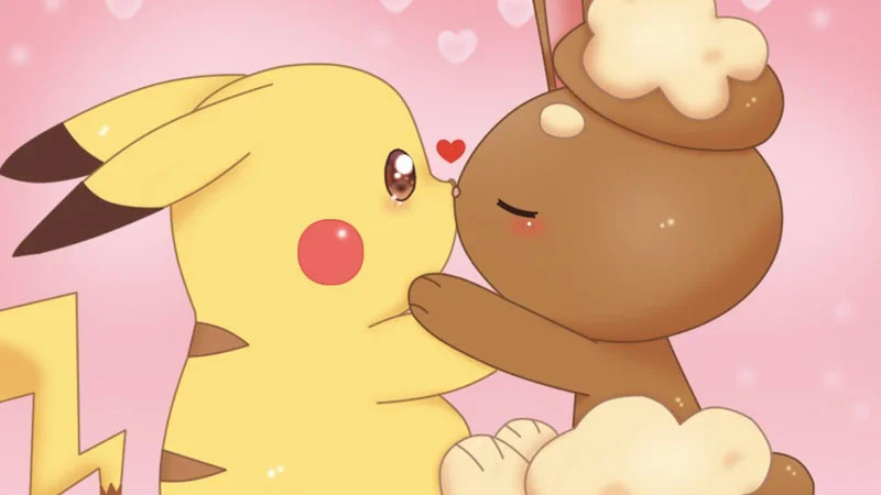 The iconic Pikachu x Buneary ship art that embodies the 'lagomorphshipping' pairing in the Pokemon fandom.