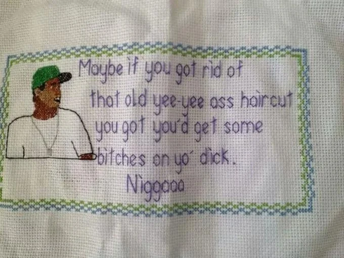 A handmade cross-stitch craft immortalizing the Lamar roast quote, an example of the meme crossing over into DIY art.