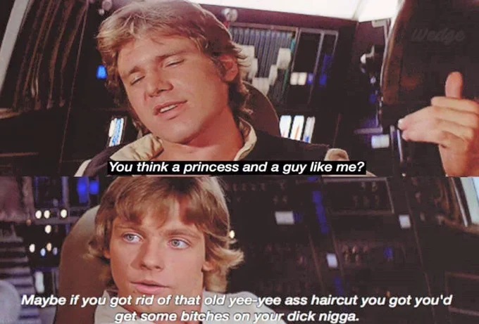 A Star Wars crossover meme where Luke Skywalker delivers Lamar's iconic haircut roast to Han Solo.