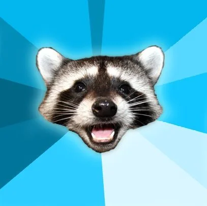 The blank Lame Pun Coon advice animal template — a grinning raccoon centered on the classic blue starburst background.